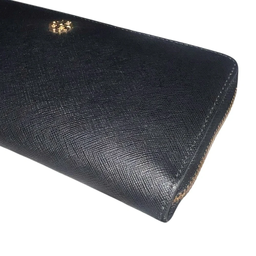 EUC Tory Burch Black Saffiano Leather Zip Around Long Wallet Gold Hardware